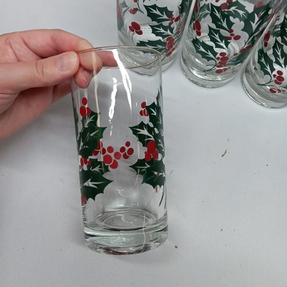 Vintage Holly Berry Glasses Bartlett Collins  Christmas Set of 6 80s 90s Holiday